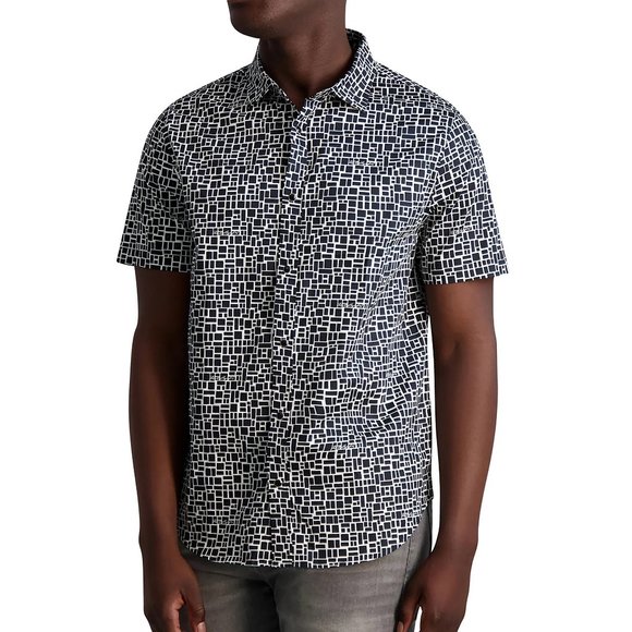 Karl Lagerfeld Paris Men's Geometric Box Pattern Snap Front SS Shirt Black/White - Picture 1 of 5